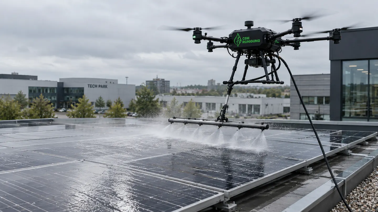 Visualisierung: Drohne reinigt eine gewerbliche Photovoltaikfläche